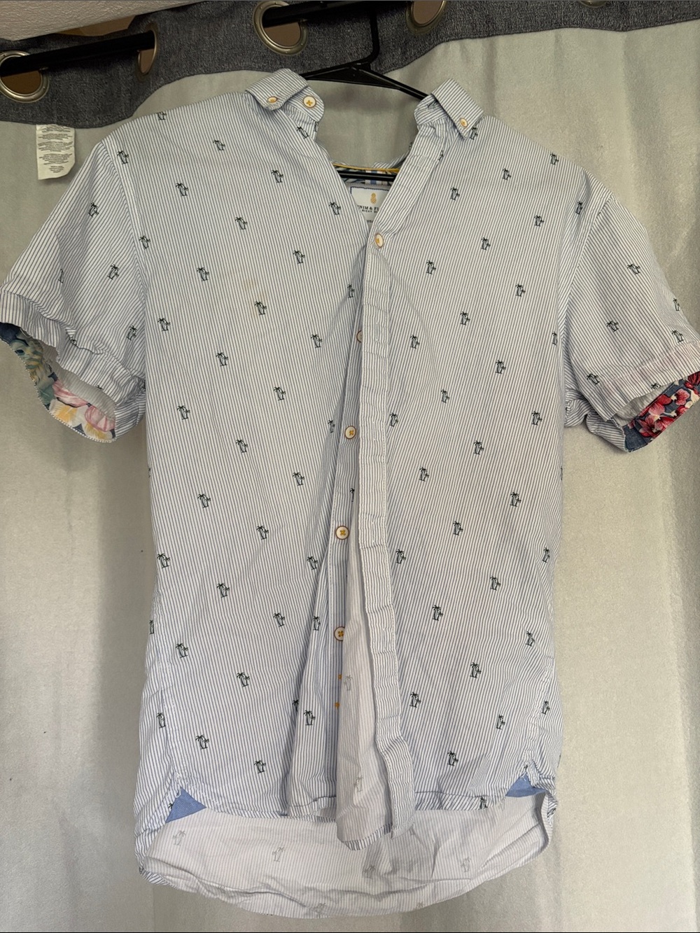 Denim & Flower Light Blue and White Pinstripe Shirt with Tropical Accents